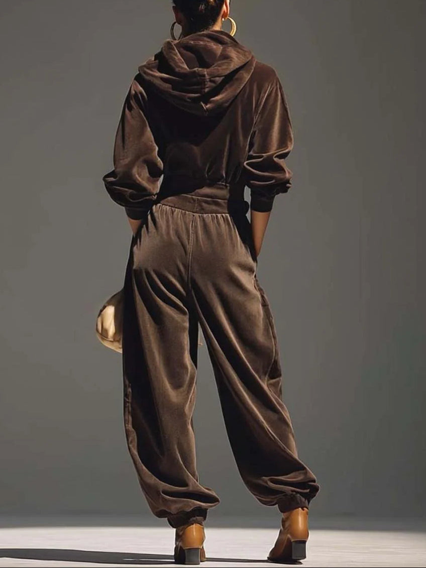 Olivia | Brown Velvet Hoodie and Relaxed Trousers Set