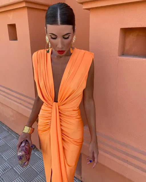 Moriah - Sunset Ruched V-Neck Dress