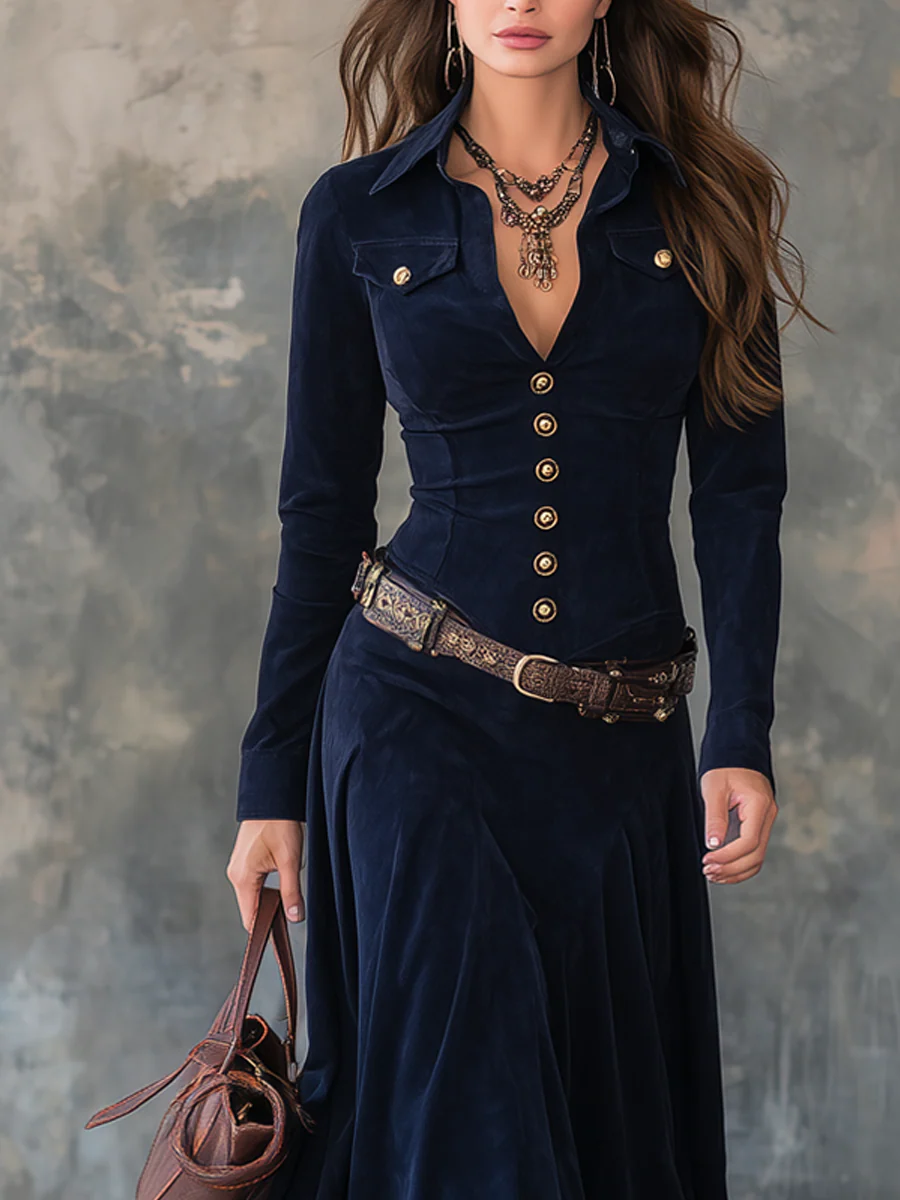 Emily | Suede Maxi Dress with Flap Pockets