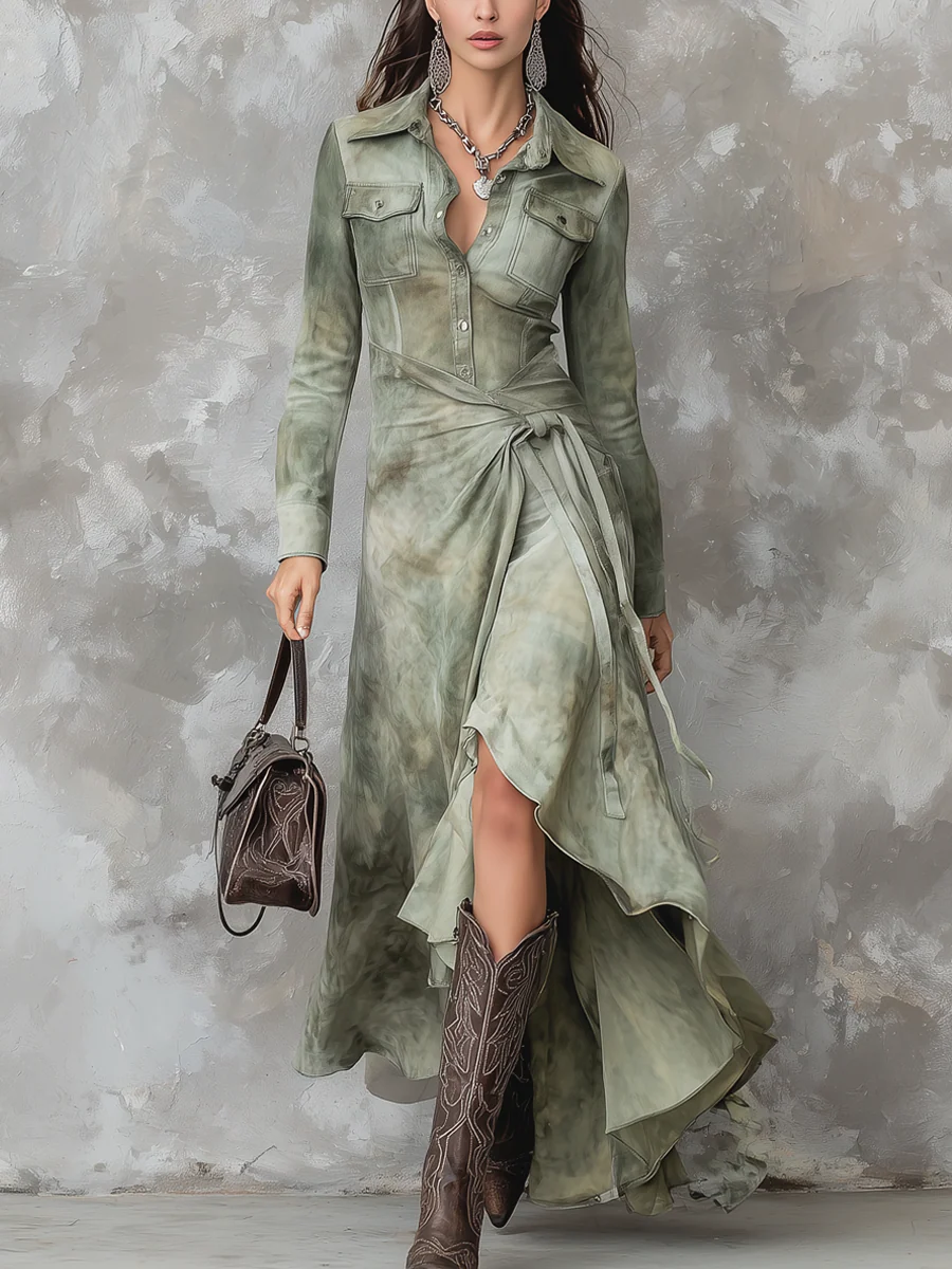 Vintage sage green tie-dye fitted maxi dress with pockets