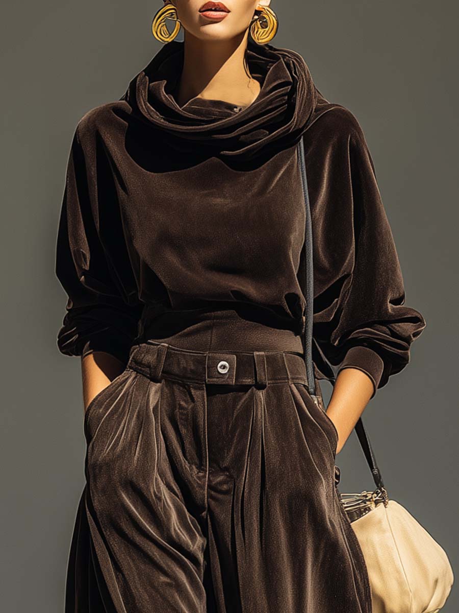 Olivia | Brown Velvet Hoodie and Relaxed Trousers Set