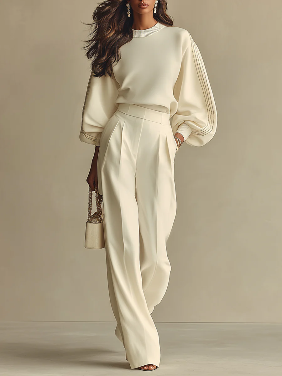 Kyla | Ivory Ribbed Crew Neck Top And High-waisted Wide-leg Pants Suit