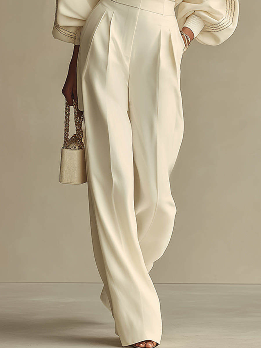 Kyla | Ivory Ribbed Crew Neck Top And High-waisted Wide-leg Pants Suit