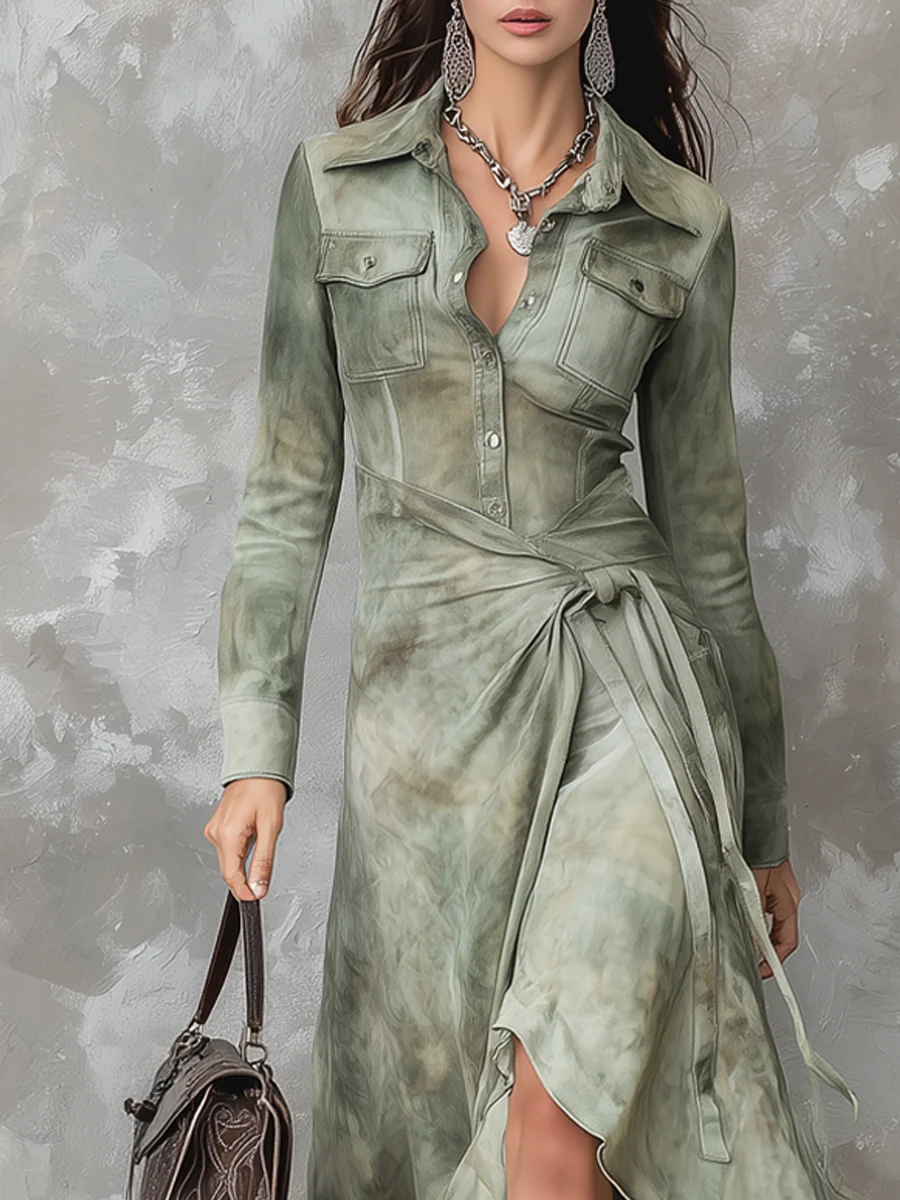 Vintage sage green tie-dye fitted maxi dress with pockets