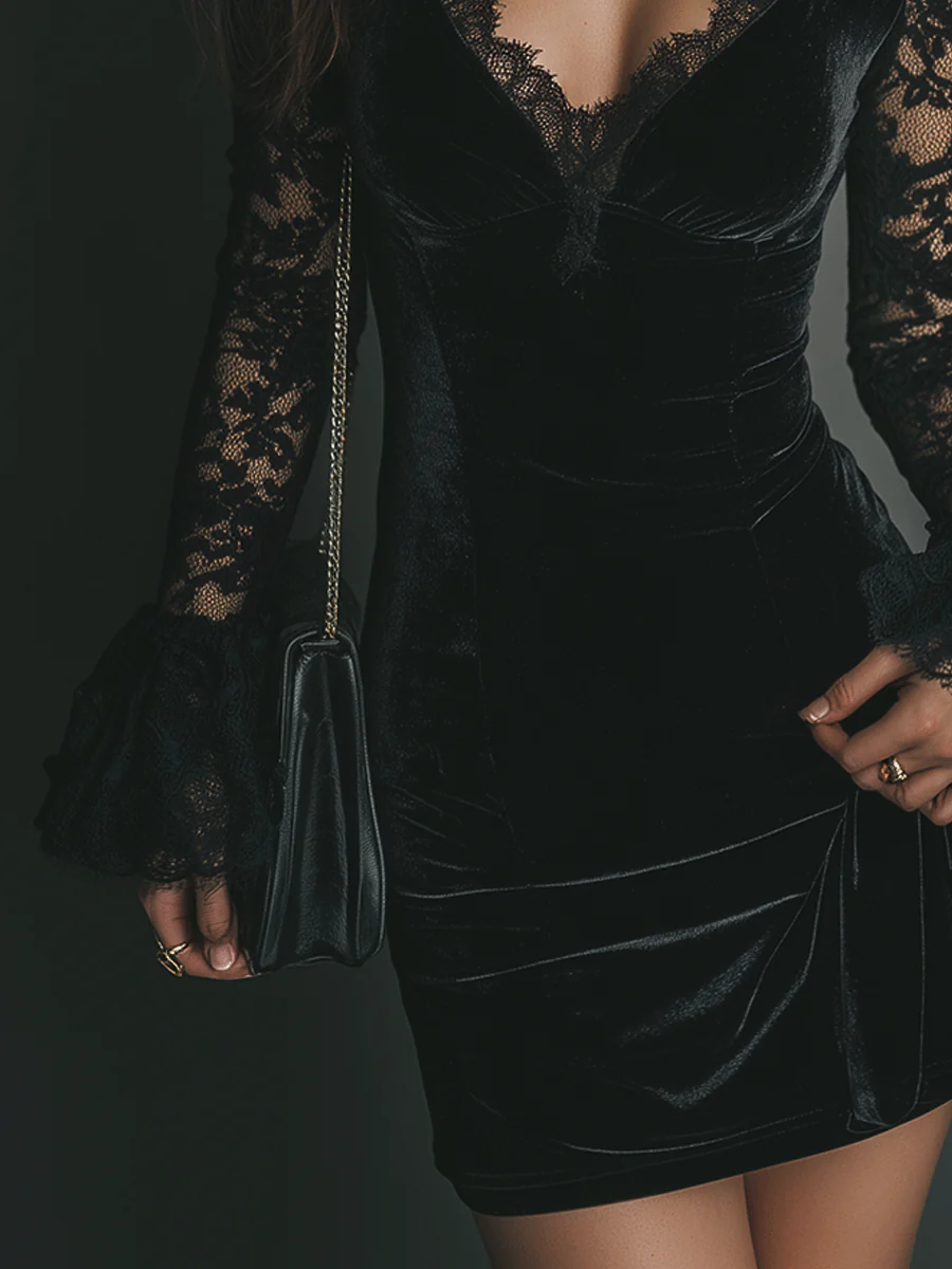 Norah | Velvet Mini Dress with Lace Detail