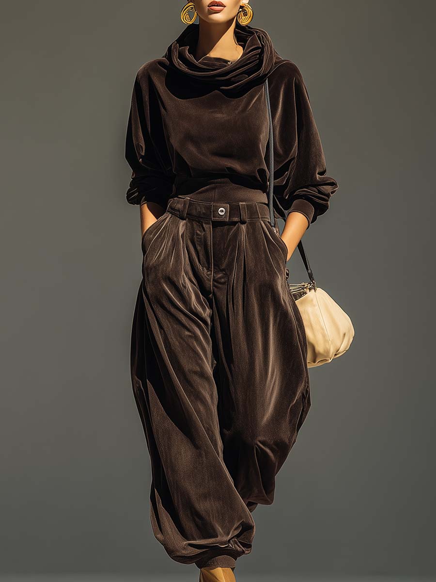 Olivia | Brown Velvet Hoodie and Relaxed Trousers Set