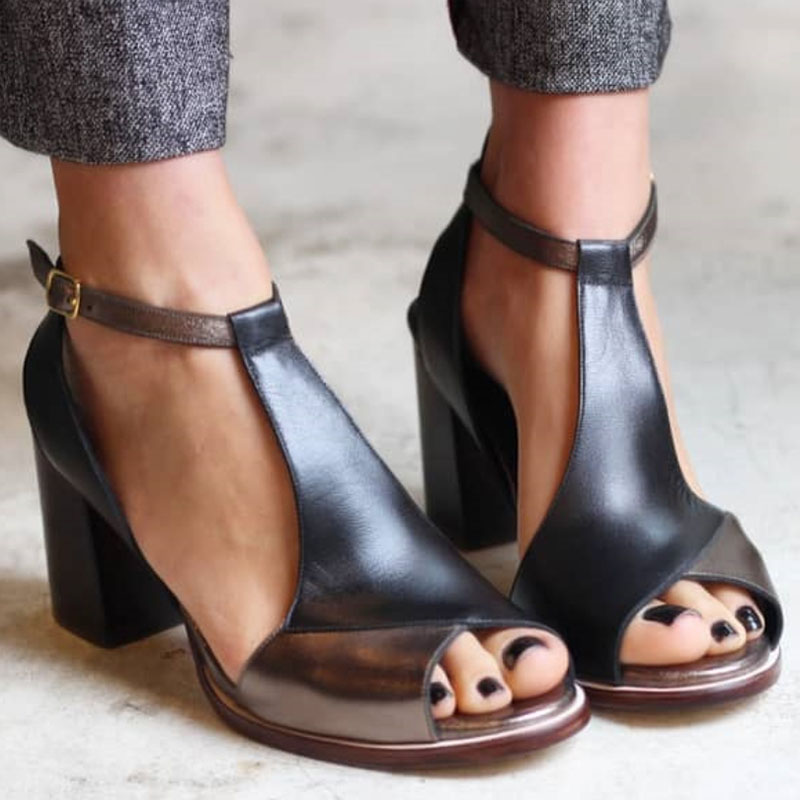 Anyao™ Elegant High Heeled Sandals with Open Toe in Black Patchwork – Perfect for Any Occasion